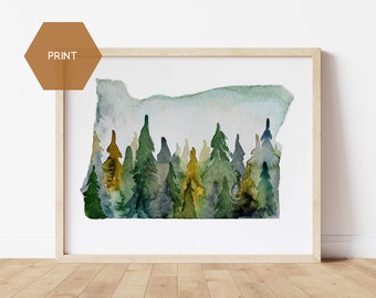 May include: A watercolour painting of the state of Oregon, depicted as a forest with green and brown trees. The painting is framed in a light wood frame.