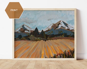 May include: A painting of a landscape with mountains in the background and a field of golden grass in the foreground. The sky is a light blue with white clouds. The mountains are painted in shades of blue, brown, and white. The grass is painted in shades of yellow, orange, and brown.