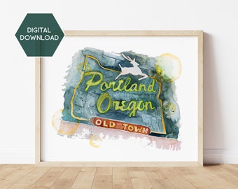 Digital Download Portland Neon Sign Print, Portland Oregon Watercolor, Portland Old Town Sign, Portland Watercolor Art, Portland Sign Art