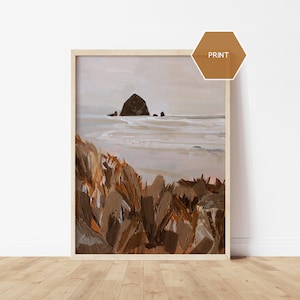 Original Art Print Haystack Rock Print Oregon Coast Gift Cannon Beach Painting Modern Coastal, Feminine Office Art Beach Oregon Haystack Art