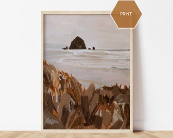 Impresión artística original de Haystack Rock, regalo de la costa de Oregón, pintura de Cannon Beach, arte moderno costero y femenino para oficina, arte de playa de Oregón Haystack