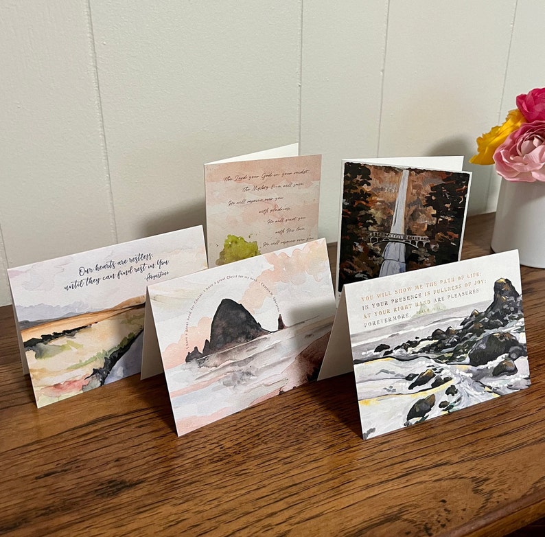 5 blank Christian cards, watercolor verse cards, encouragement cards, inspirational cards, scripture card pack, Bible verse cards, Oregon art cards