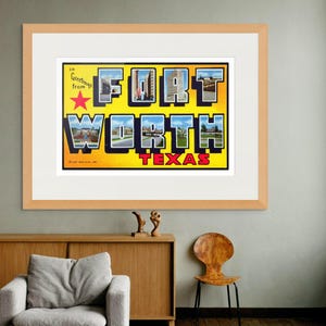 Impressão de arte de Fort Worth, saudações de Ft Worth Texas, cartão postal vintage, decoração de parede, pôster