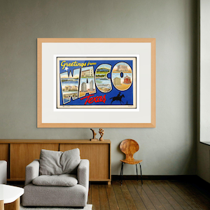 Impression d'art Waco Texas, impression de carte postale vintage « Salutations de Waco, Texas » avec un design d'affiche de voyage rétro et coloré