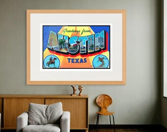 Austin Texas Art Print: Vintage Retro Postcard Wall Art
