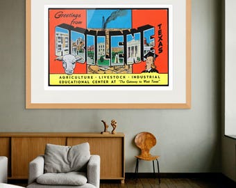 May include: A vintage postcard with a 3D illustration of the word "ABILENE" in yellow letters with a red background. The postcard says "Greetings from Abilene, Texas" and "Agriculture, Livestock, Industrial Educational Center at "The Gateway to West Texas".