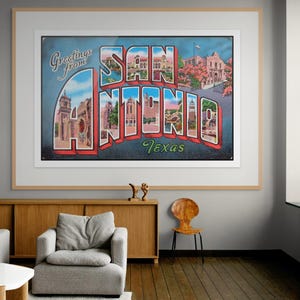 Carte postale rétro San Antonio, Texas, oeuvre d'art murale vintage pour Alamo et centre-ville historique | Cadeau de voyage au Texas | Décoration Lone Star State