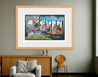Austin Texas Art Print: Vintage Travel Postcard Wall Decor