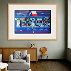 Saluti dal Texas - Lo Stato della Stella Solitaria, foto in stile cartolina d'epoca, arte di viaggio retrò vintage e decorazioni murali del sud