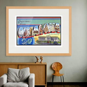 Stampa artistica dell'Oklahoma, fiore dello Stato, il vischio, Campidoglio dello Stato di Oklahoma City, arte murale con cartoline d'epoca