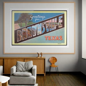 Impression de carte postale vintage de Brownsville, Texas – Art déco mural rétro de ville frontalière du sud du Texas | Souvenir de voyage historique du Rio Grande