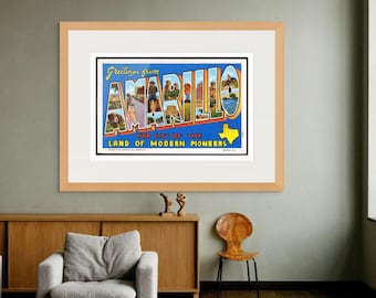 Amarillo Texas Art Print, Land of the Modern Pioneer Vintage Postcard Wall Art Poster Decor