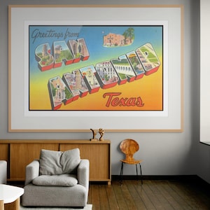 Stampa di cartoline d'epoca di San Antonio, Texas - Alamo retrò e Riverwalk Wall Art / Souvenir di viaggio storico del Texas / Decorazione dello Stato della Stella Solitaria