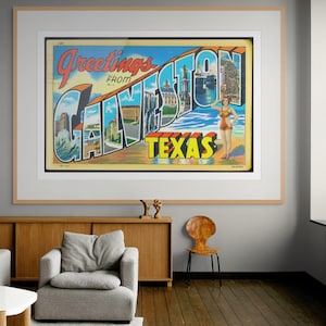 Impresión de postal vintage de Galveston, Texas: arte mural retro costero y del centro histórico / recuerdo de viaje de la Costa del Golfo / decoración de playa de Texas