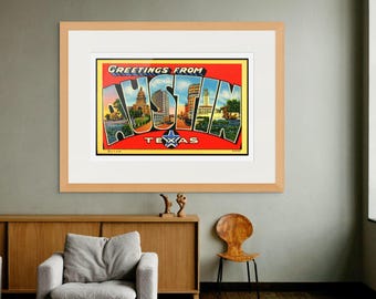 Austin Texas Art Print, Large Letter Red Vintage Postcard Wall Art Decor