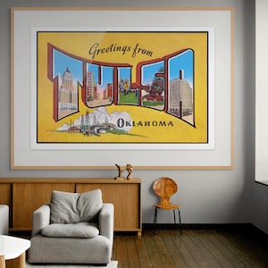 Impressão de cartão postal vintage de Tulsa, Oklahoma – Arte de parede com paisagem urbana retrô Art Déco | Lembrança de viagem histórica de Oklahoma | Decoração da Rota 66