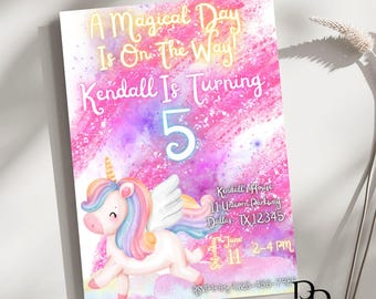 Editable Unicorn Birthday Invitation Magical Party Invite Girl Pink Pastel Fifth Digital Unicorn Party Template Rainbow Download Canva