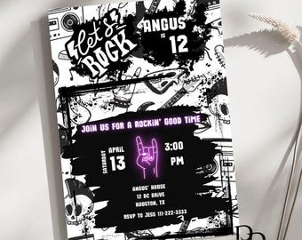 Let&#39;s Rock Boys Teen Birthday Invitation, Rock and Roll Birthday Invite, Custom Digital Birthday Invite Template, Cool Boys Teen Birthday