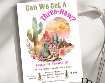Three-Haw Cowgirl 3rd Birthday Invitation: Pink Western Theme (Canva Digital Download)
