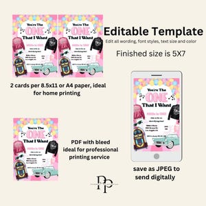 May include: A retro-themed invitation template with the text "You're The ONE That I Want". The design includes a pink jacket, a black jacket, a jukebox, a classic car, and colorful balloons. The finished size is 5x7 inches.
