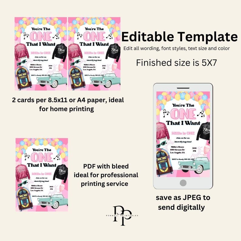May include: A retro-themed invitation template with the text "You're The ONE That I Want". The design includes a pink jacket, a black jacket, a jukebox, a classic car, and colorful balloons. The finished size is 5x7 inches.