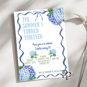 The Summer I Turned Thirteen, Any Age TSITP Theme Birthday, Blue Hydrangea Invite, Blue Flowers TSITP, Teen Girl Birthday Invite, Custom age