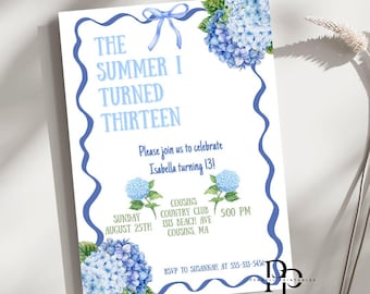 The Summer I Turned Thirteen, Any Age TSITP Theme Birthday, Blue Hydrangea Invite, Blue Flowers TSITP, Teen Girl Birthday Invite, Custom age