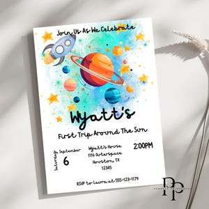 Editable Outer Space First Birthday Invitation Galaxy Blast Off First Trip Around the Sun Download Printable Template Canva