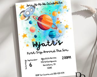 First Trip Around The Sun, Outer Space First Birthday Invitation, Galaxy Blast Off, Little Boy 1st bday, Download Printable Template, Canva