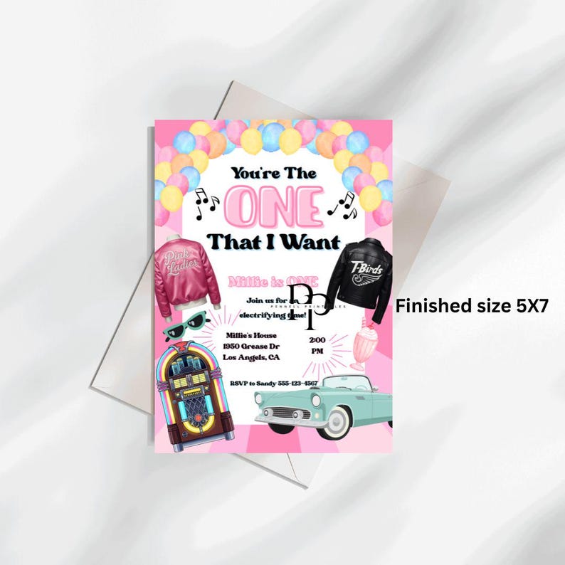May include: A 5x7 inch invitation with a pink background and a retro theme. The text reads "You're The ONE That I Want." Graphics include a pink jacket, a black jacket, a jukebox, a car, and a milkshake.