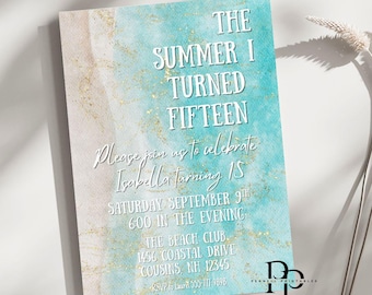 The Summer I Turned 15, Editable Age Invitation, Beach Theme Birthday Invite, TSITP birthday, Beach Gold White, Coastal Birthday, Custom age