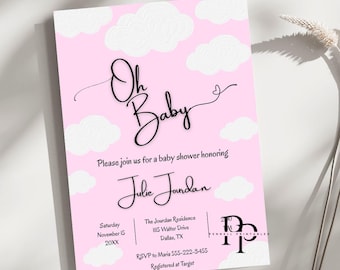 Convite para Chá de Bebê "Oh Baby" com Nuvens Rosa Modernas, Minimalista, "Nas Nuvens", Editável e Disponível para Download no Canva