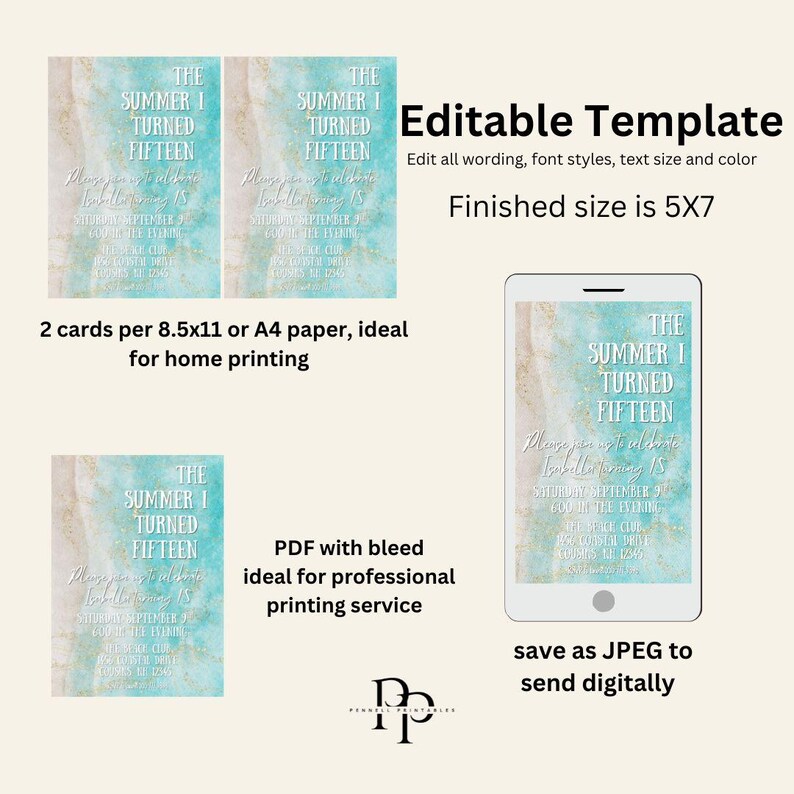May include: An editable template for a "Summer I Turned Fifteen" invitation. The design features a teal and beige watercolor background with white text. The finished size is 5x7 inches. Includes options for home printing and professional printing.