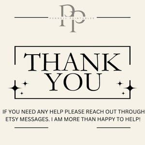 May include: A digital print with the words "THANK YOU" in a bold, black font, framed by a black rectangle and accented with starbursts. The text "PENNELL PRINTABLES" is at the top. Additional text at the bottom.