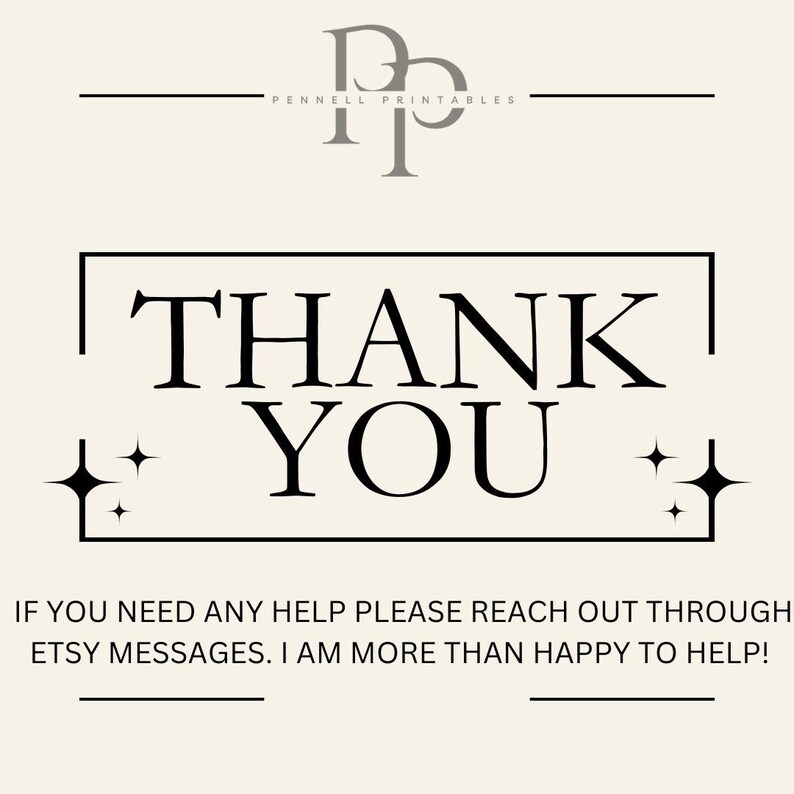 May include: A digital print with the words "THANK YOU" in a bold, black font, framed by a black rectangle and accented with starbursts. The text "PENNELL PRINTABLES" is at the top. Additional text at the bottom.