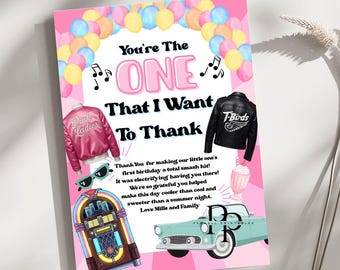 One That I Want Thank You Card, Grease First Birthday Thank You, Pink Ladies 1st Birthday, Retro Girl Birthday, Editable Canva Template