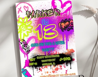 Invitación de cumpleaños número 13 con graffiti, graffiti rosa, plantilla de invitación editable, invitación de cumpleaños personalizada, invitación genial para cumpleaños de niños y niñas