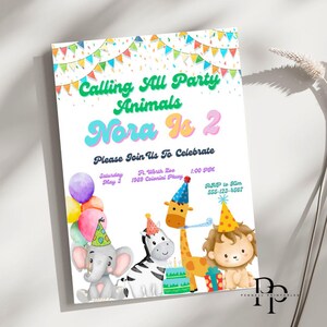 Bewerkbare feestbeesten verjaardagsuitnodiging uitnodiging wilde dieren dierentuin safari dieren jongen meisje download canva-sjabloon afdrukbaar