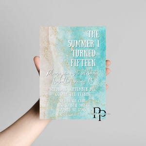 May include: A teal and gold invitation with the text "The Summer I Turned Fifteen." The invitation includes details for Isabella's 15th birthday celebration, including the date, time, and location: The Beach Club.