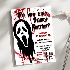 May include: A white Halloween party invitation with the text "Do you like scary parties?" and a black ghost face graphic. The invitation includes event details, such as the date, time, and location.