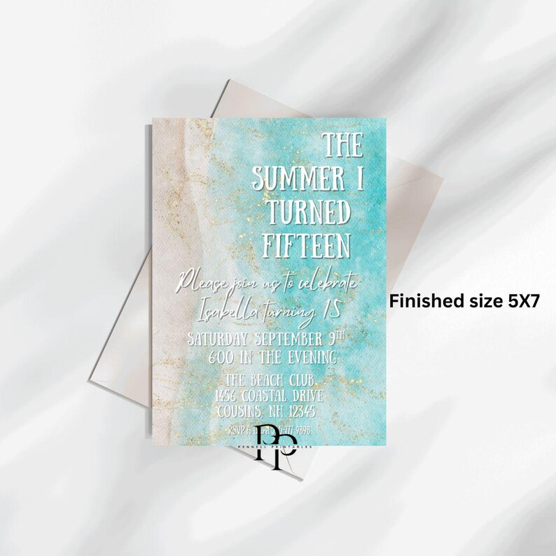May include: A 5x7 inch invitation with a beach-themed design. The invitation features the text "The Summer I Turned Fifteen" and event details. The background has a watercolor effect with gold accents and a light blue and beige color scheme.