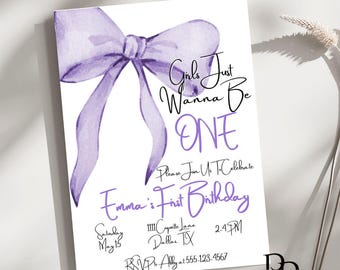 Purple Bow First Birthday Invitation: Editable Coquette Evite (Digital Download)