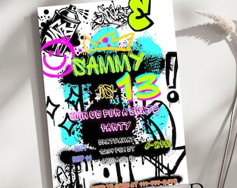 Invitación de cumpleaños con grafiti, plantilla de invitación editable, invitación personalizada para el 13.º cumpleaños, invitación de cumpleaños para chicos geniales, invitación para adolescentes