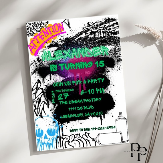 Graffiti Birthday Invitation, Editable age Invitation Template, Custom 15th Birthday Invite, Cool Boys Birthday Invite, Teen Boy Invitation