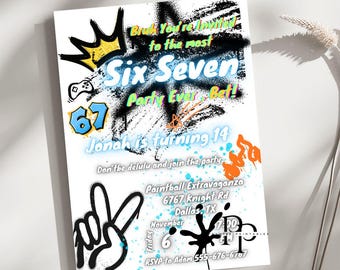 Invitación para fiesta de cumpleaños Six Seven, plantilla editable de Canva para adolescentes y niños, invitación con pintura en aerosol de grafiti, invitación para la generación Z y la generación Alfa, 5x7
