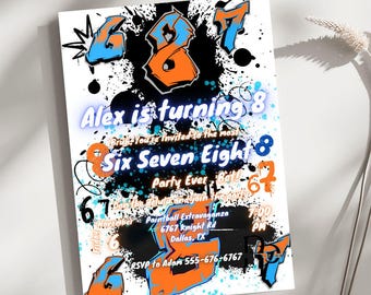 Six Seven Eight Birthday Party Invitation, Cool Boy Kids Editable Canva Template, Graffiti Spray Paint Invite, Gen Z Gen Alpha Invite, 5X7