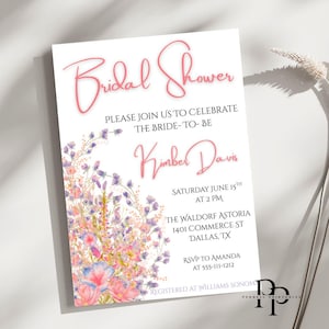 Wildflower Bridal Shower Invitation, Floral Spring Bridal Shower Invite, Pink Purple Floral Bridal Shower, Editable Bridal Shower Template