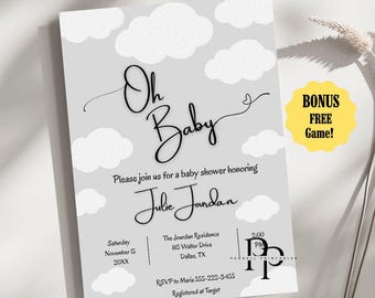 Convite para Chá de Bebê "Oh Baby" Moderno e Neutro com Estampa de Nuvens, em Tons de Cinza e Bege, com Tema "Nas Nuvens", Modelo Editável para Download no Canva