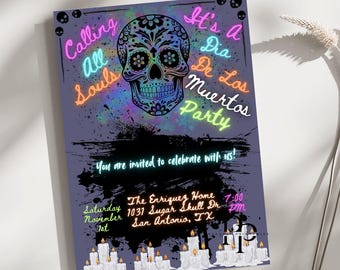 Calling All Souls Dia De Los Muertos Party Invitation, Editable Canva Template, Sugar Skull Halloween Invite, Custom Digital Download, 5X7