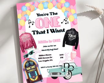 One That I Want First Birthday Invite, Grease First Bday Invite Girl, Pink Ladies Theme, Retro 50s Birthday Invite, Editable Canva Template